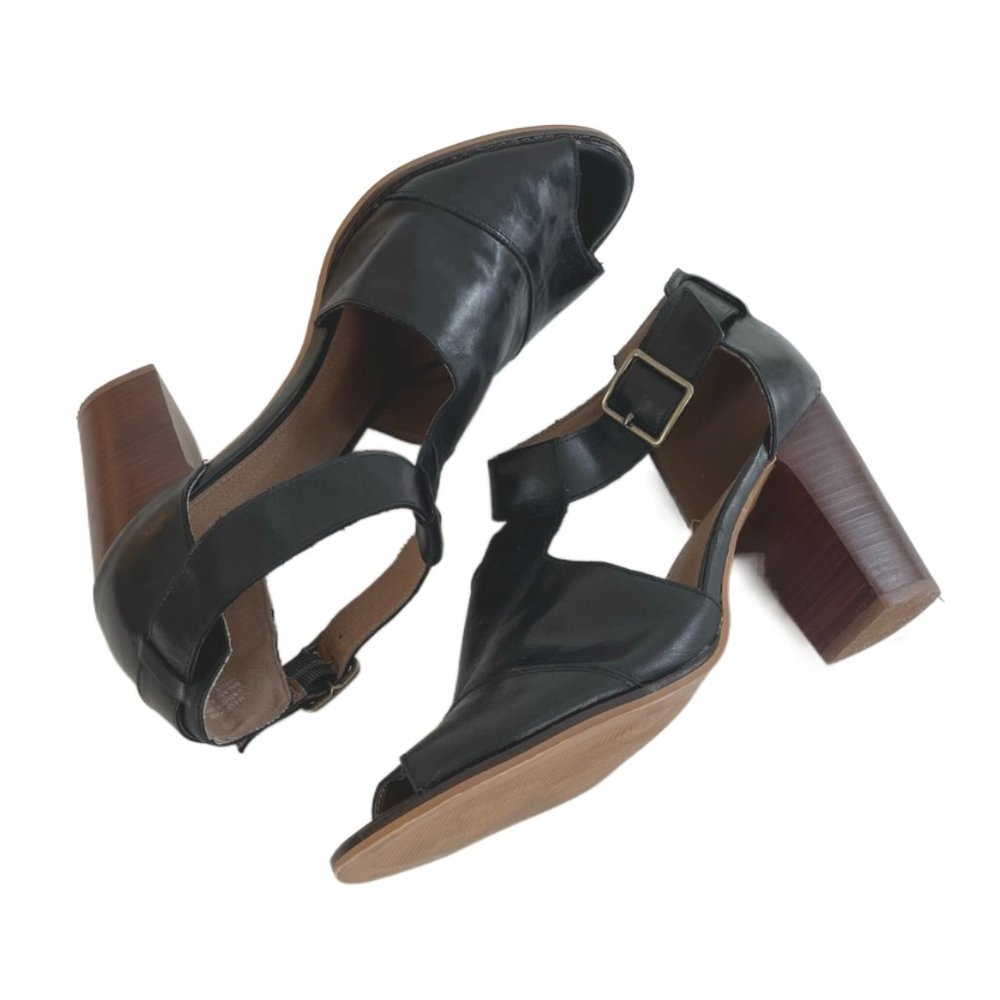 NineWest LUCASIR PeepToe TStrap Ankle Buckle 3.5'' Stacked Block Heel 12 BLACK